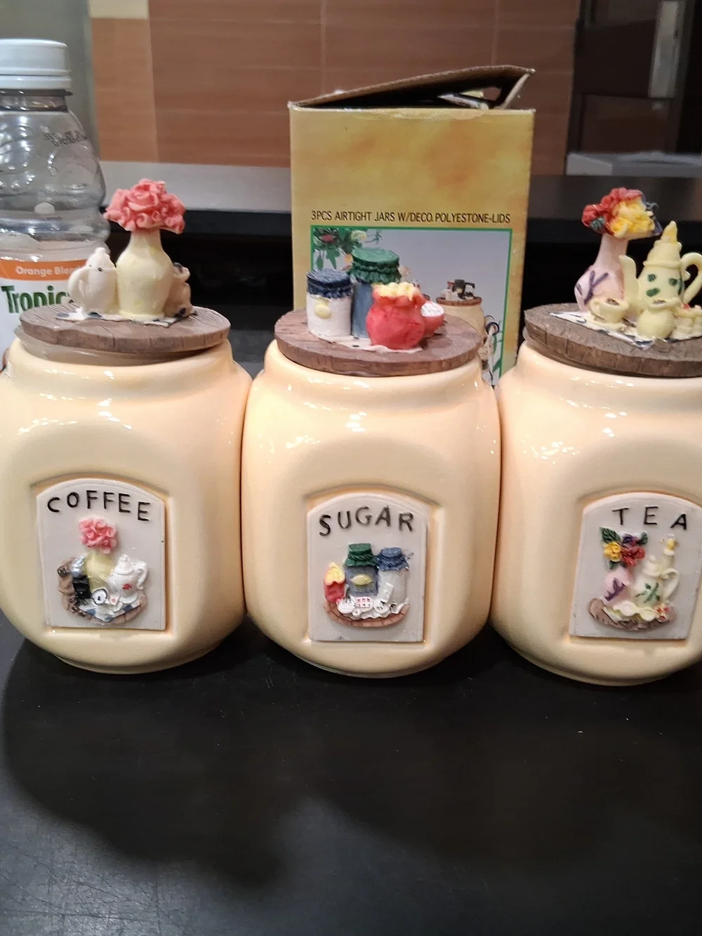 Cream Ceramic Sugar, Coffee & Tea Canister Set with Decorative Lids
